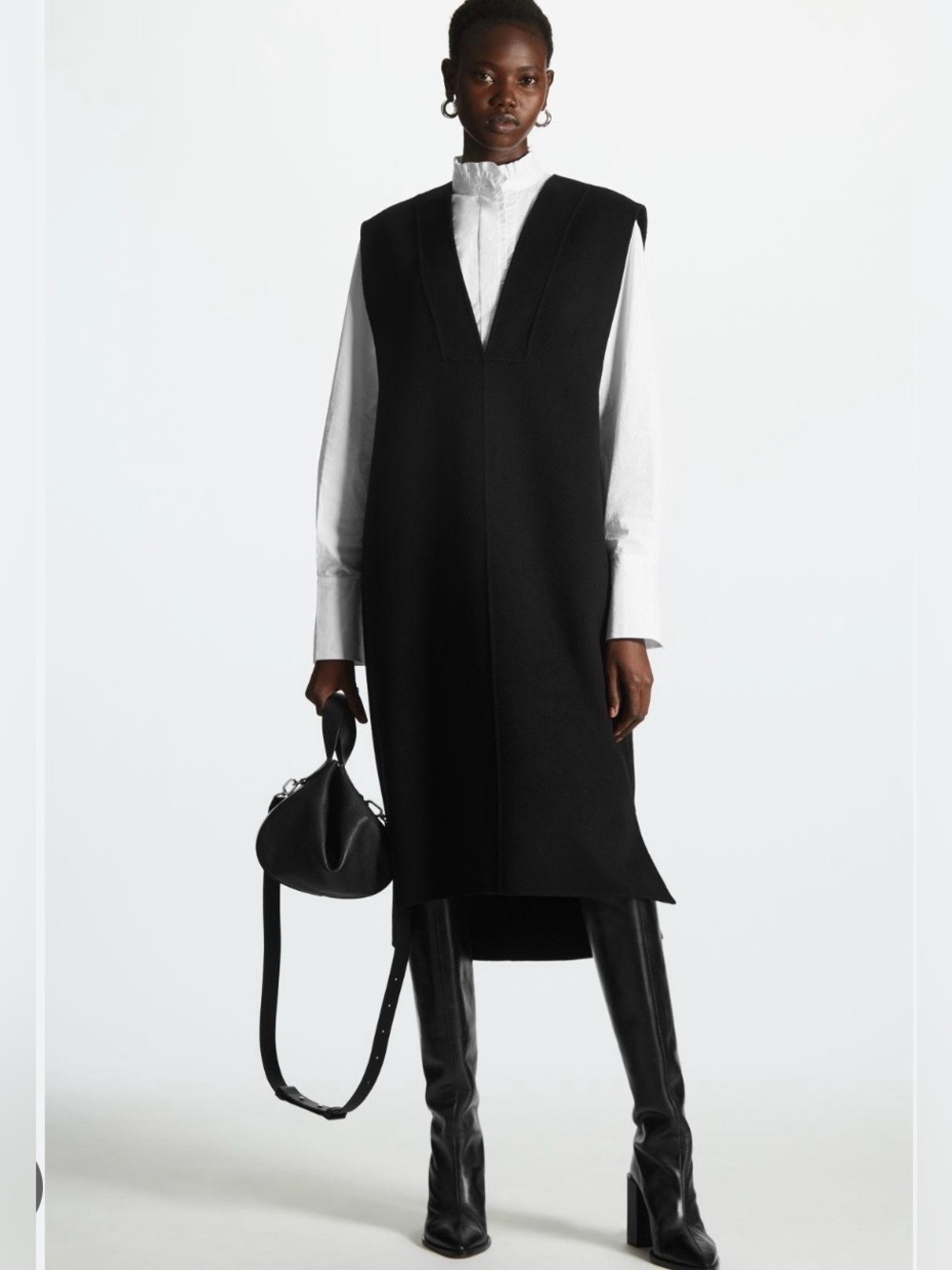 COS Oversized Sleeveless V-Neck Midi Dress in Black Wool & Lyocell - 10